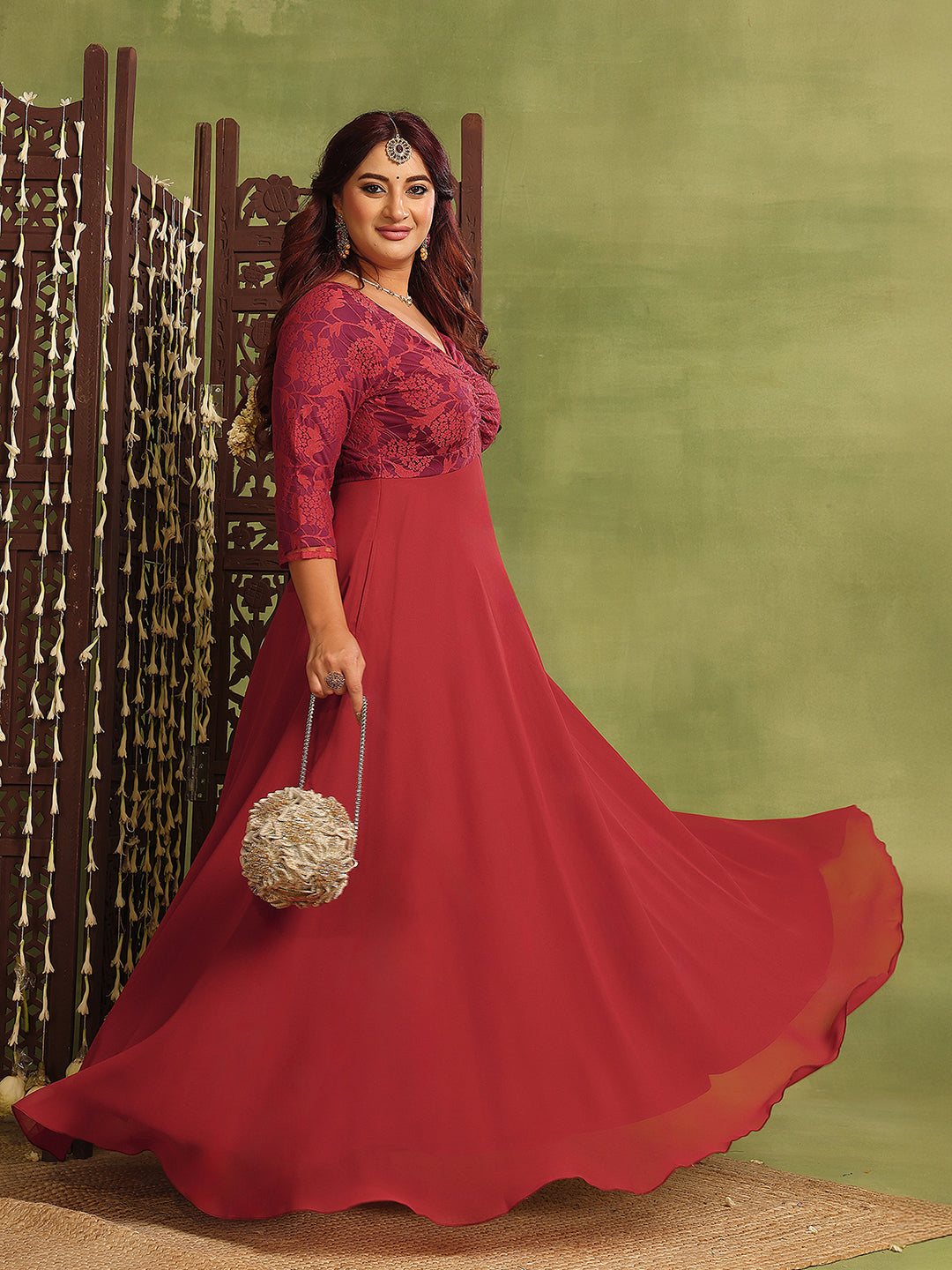 Women's Brick Red Sweetheart-Neck Three-Quarters Sleeve Self-Design Fit & Flare Maxi Dress