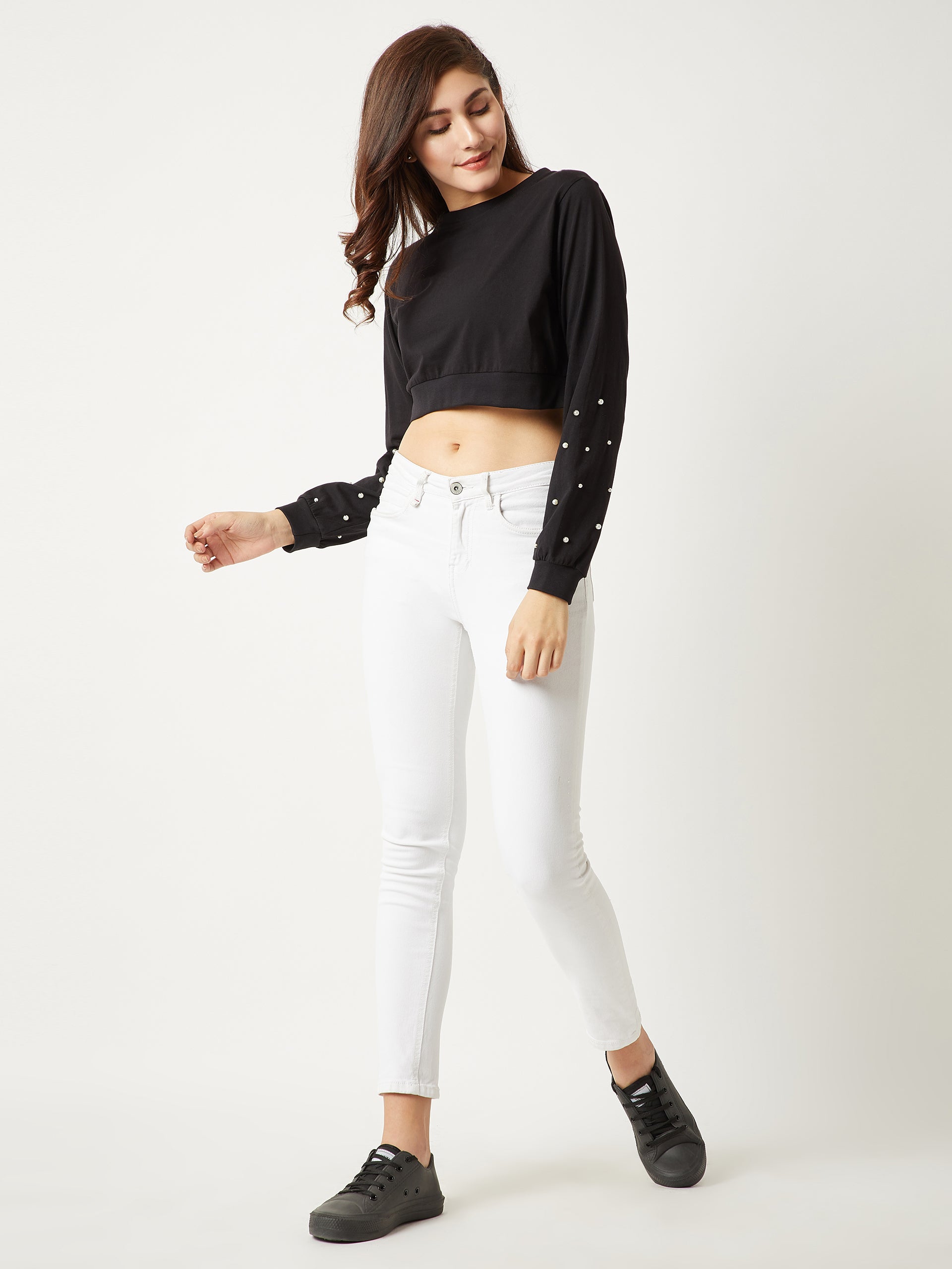 Women's Black Round Neck Full Sleeves Cotton Solid Pearl Detailing Boxy Crop Top