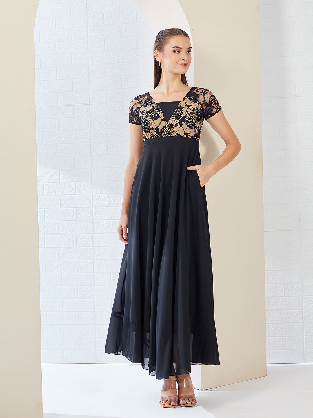Black Square Neck Raglan Short Sleeve Self Design Lace Overlaid Georgette Maxi Dress for Women