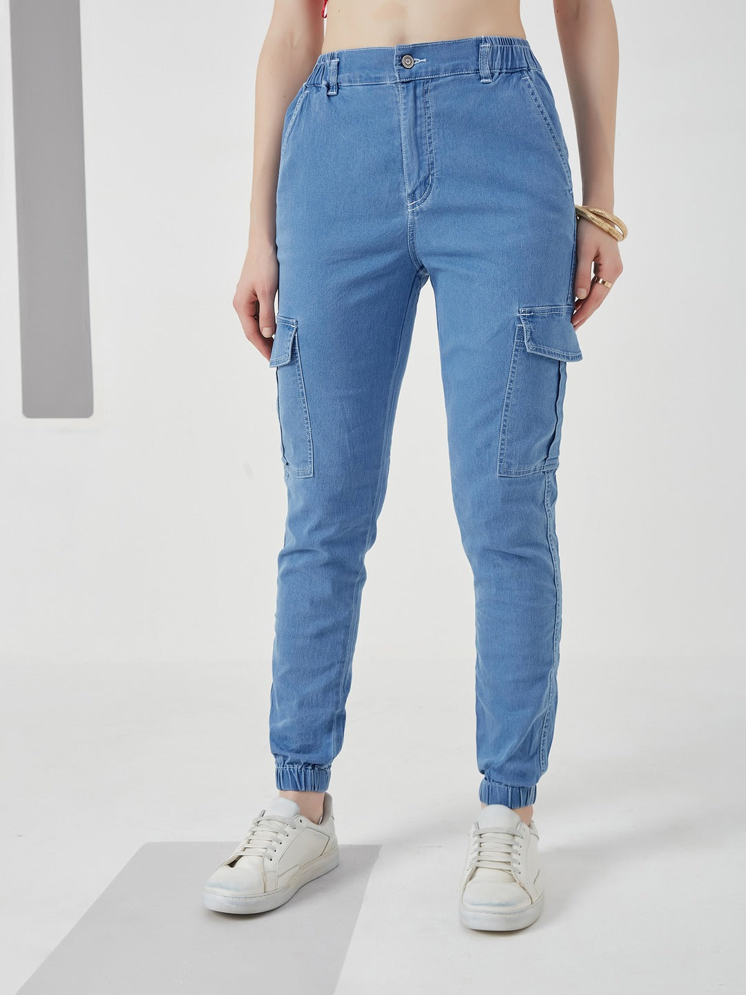 Light Blue Regular high-rise Regular Stretchable Light Weight Denim joggers for Women