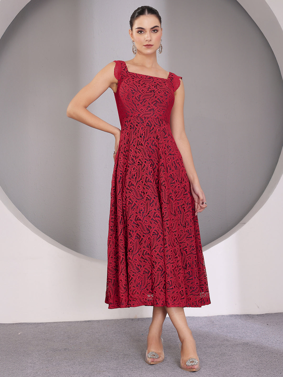 Maroon Square Neck Sleeveless Self-Designed Ruffled Midi Lace Dress for Women