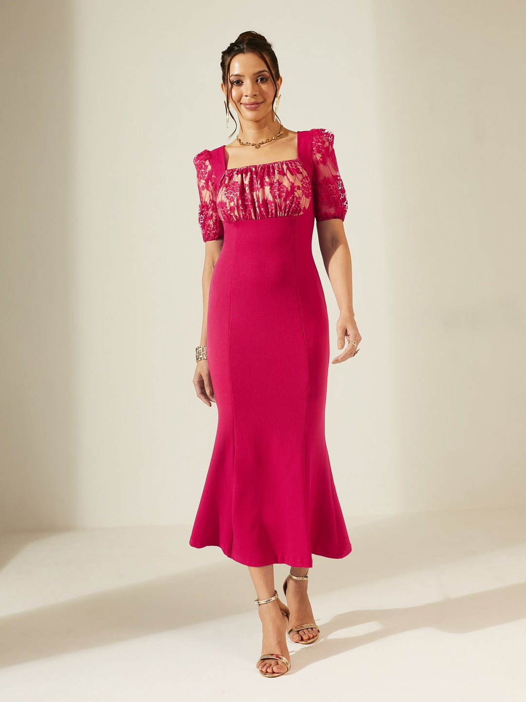 Dark Pink Square Puff Sleeve Solid Lace Overlaid Ankle Length Dress for Women