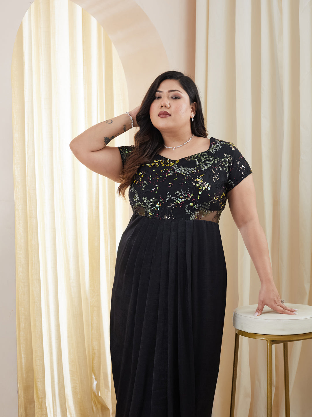 Black Sweetheart-Neck Raglan-Sleeve Embellished Draped Maxi Velvet Dress for Women