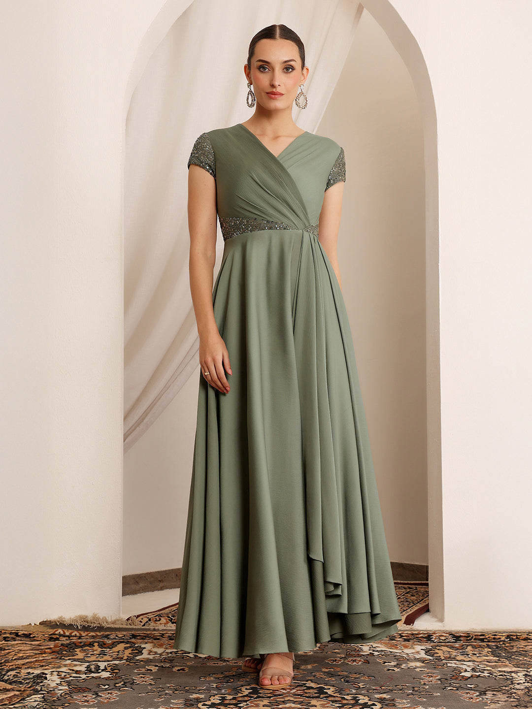 Women's Embellished Pale Olive Gown in Asymmetric Draped Premium Satin