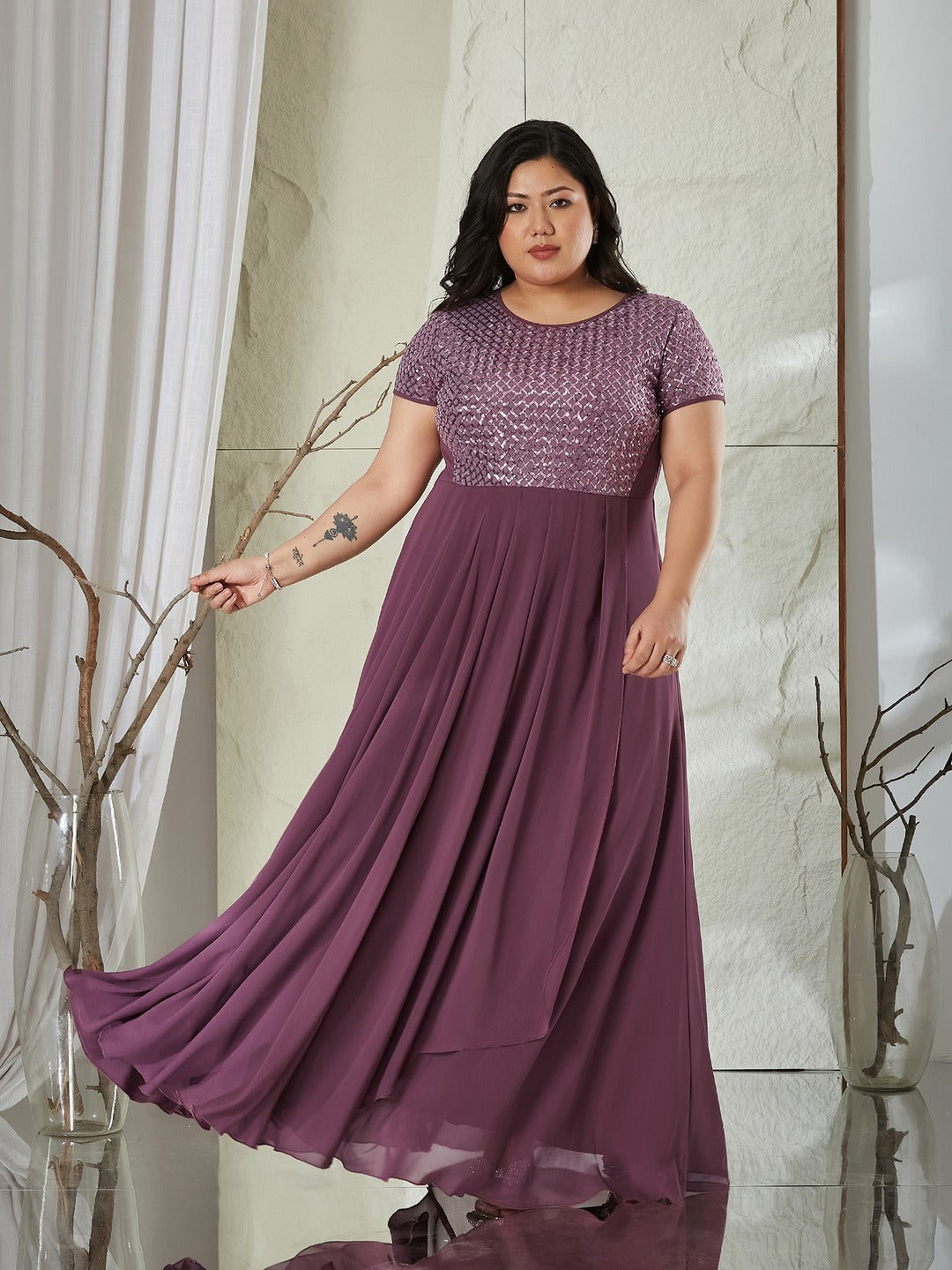 Mauve Round Neck Cap Sleeve Embellished Fit & Flare Maxi Crepe Dress for Women