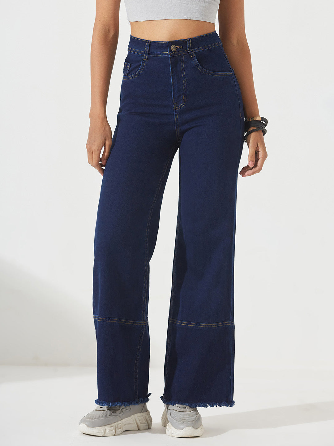 Navy Blue Wide Leg High-Rise Stretchable Denim Jeans For Women