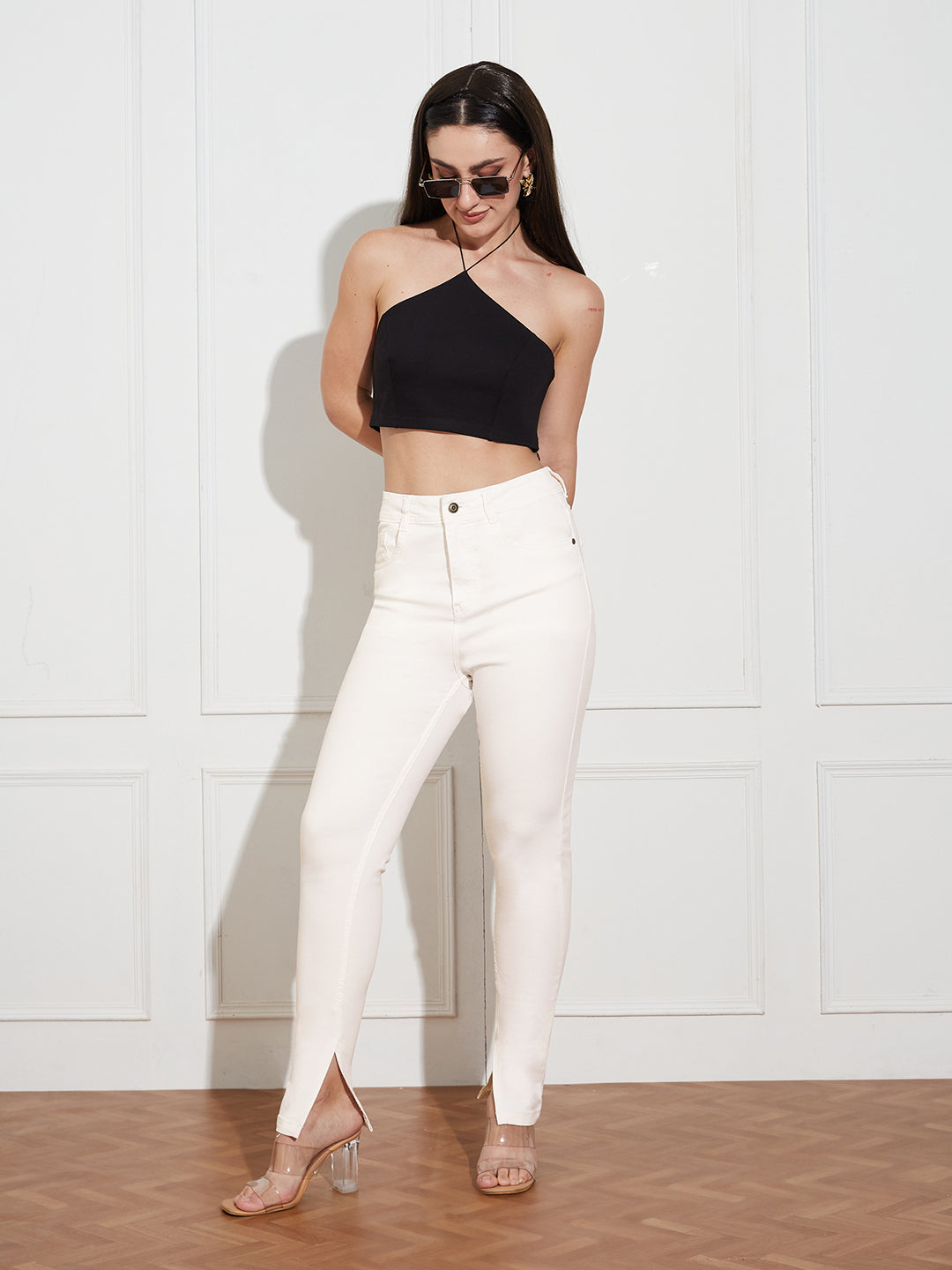 Women's White Skinny Mid Rise Clean Look Bleached Side Slit Regular Length Stretchable Denim Jeans
