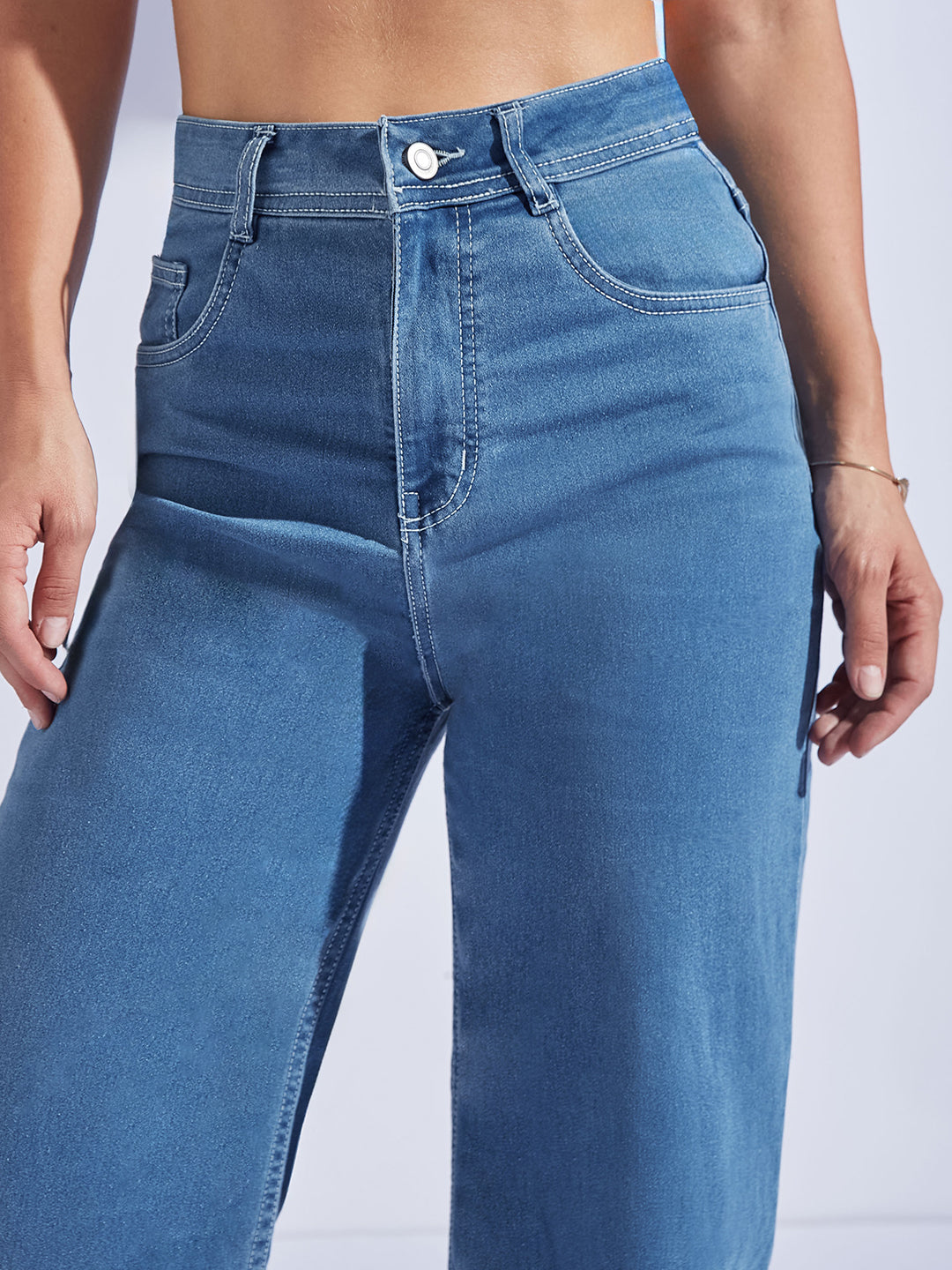 Women's Blue Wide-Leg High-Rise Regular-Length Stretchable Denim Jeans