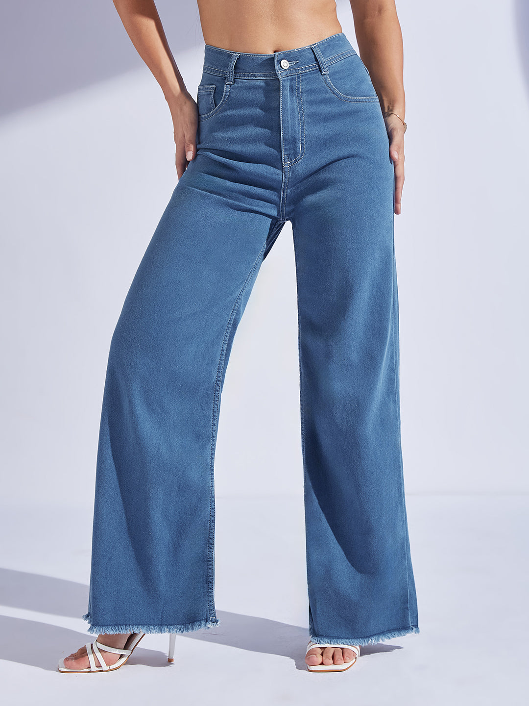 Women's Blue Wide-Leg High-Rise Clean-Look Regular-Length Stretchable Denim Jeans