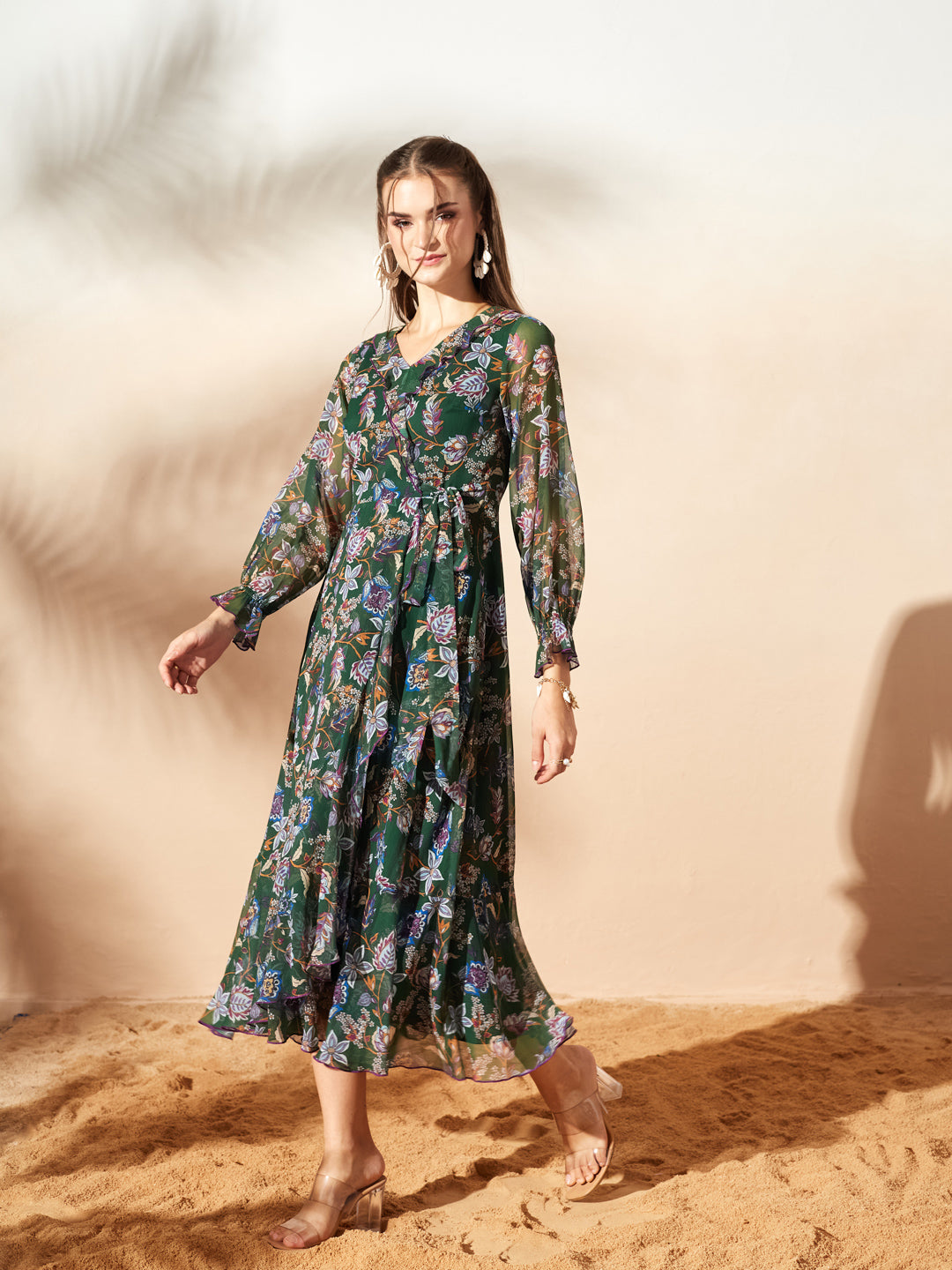 Women’s Multicolored Forest Green Bohemian Ruffled Tie-Up Midi Chiffon Dress for Women