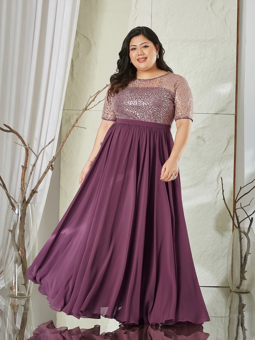 Mauve Relaxed Fit Maxi Georgette & Sequins Dress for Women