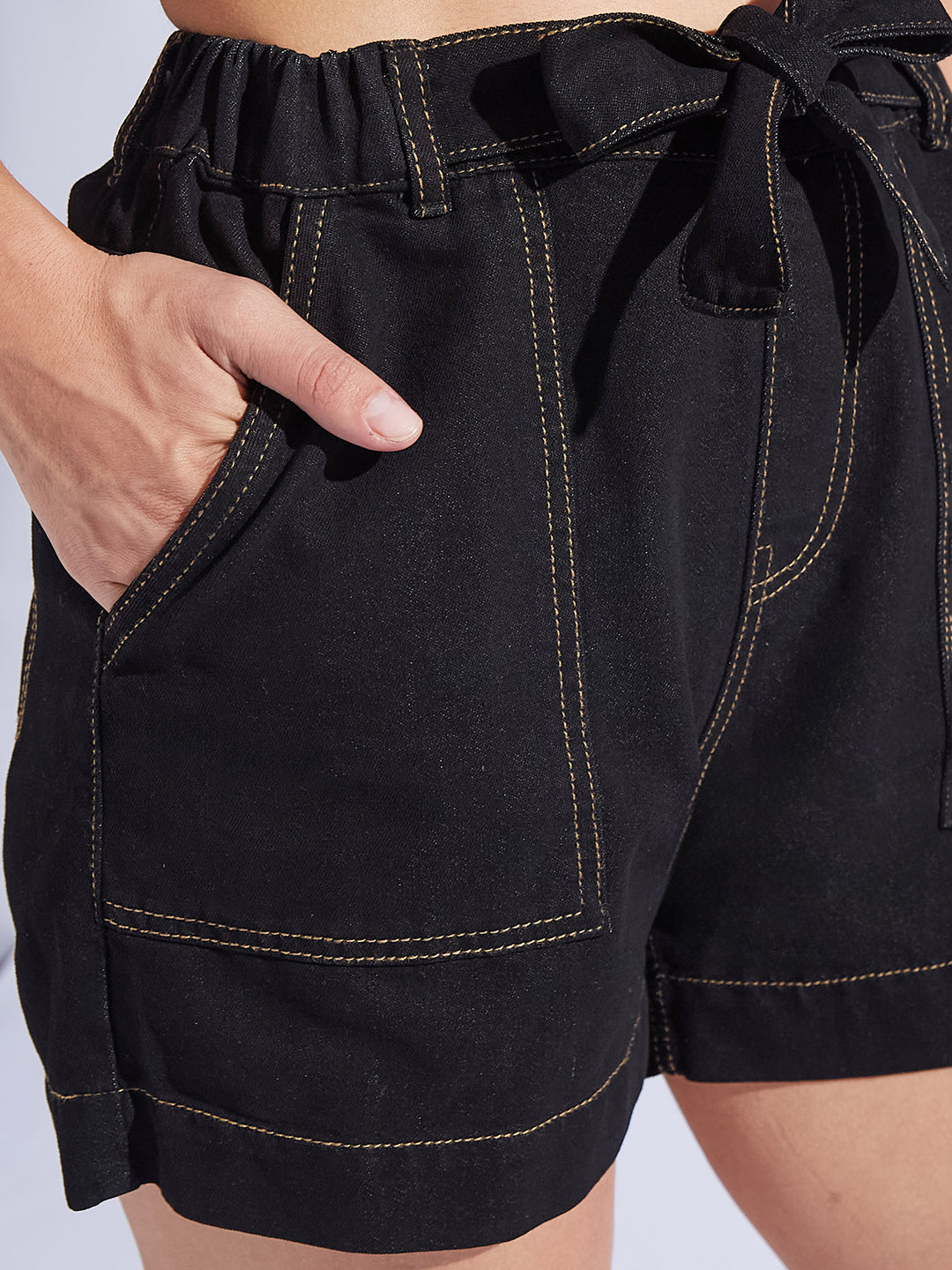 Women's Black High-Rise Relaxed Fit Denim Shorts with Tie-Up Belt & Patch Pockets