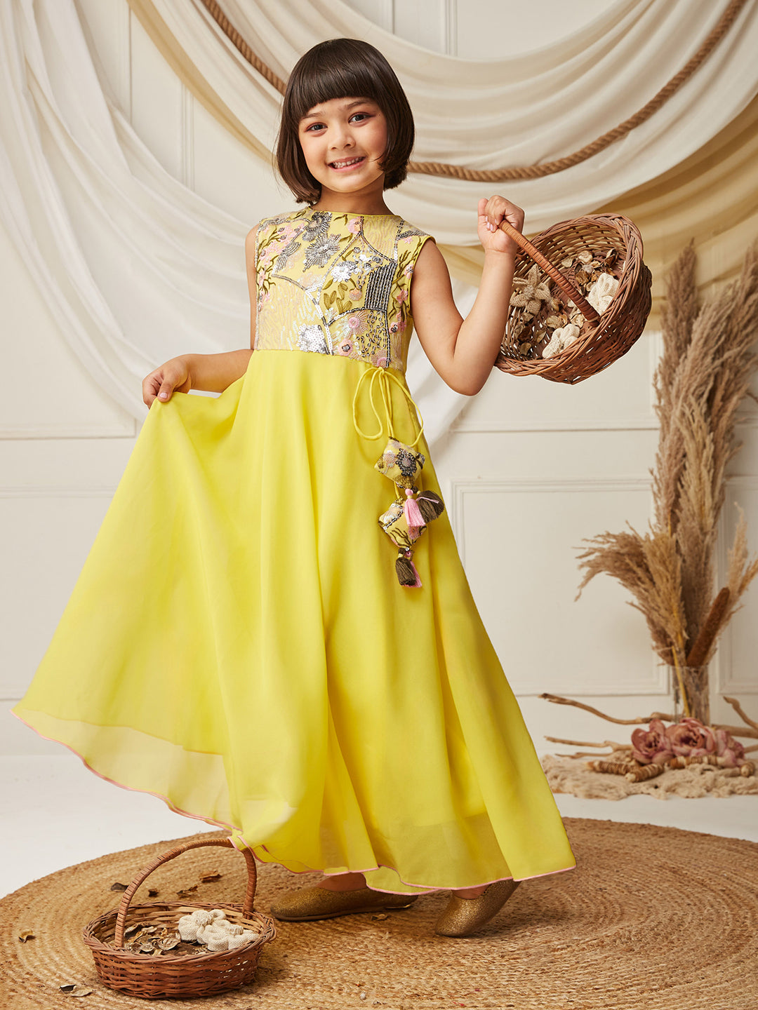 Multicolored-Base-Light Yellow Round-Neck Sleeveless Embellished Flared Polyester Maxi Dress