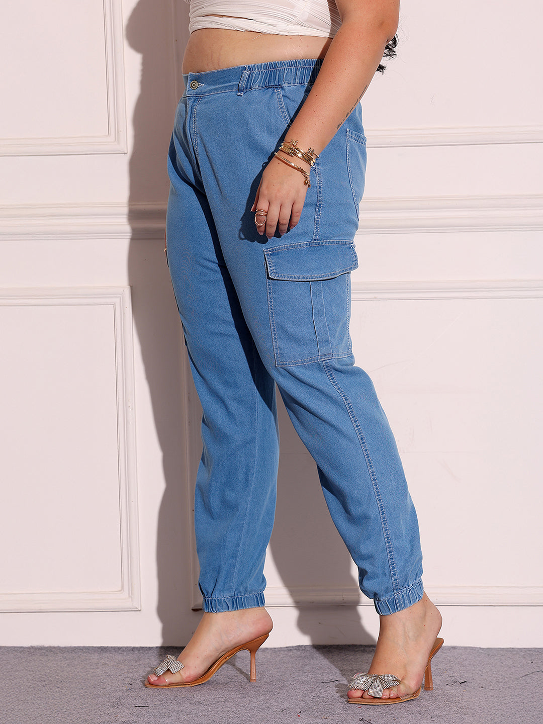 Women's Light Blue Regular High-Rise Regular Stretchable Light Weight Denim Joggers