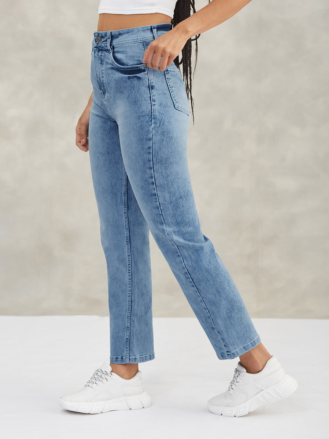 Women's Light Blue Wide-Leg Fit High-Rise Stretchable Denim Jeans