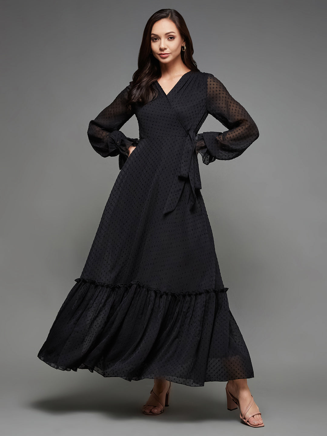 Women's Black Self Design V-Neck Bishop Sleeves Chiffon Wrap Maxi Dress