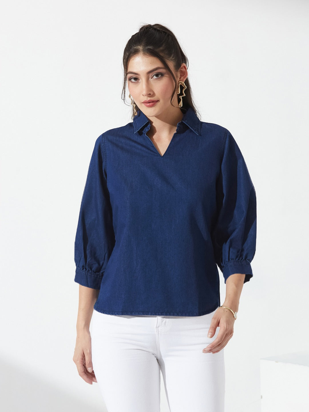 Dark Blue Collar-Neck Puff-Sleeve Solid-Colored Light Weight Denim Tunic Top for Women