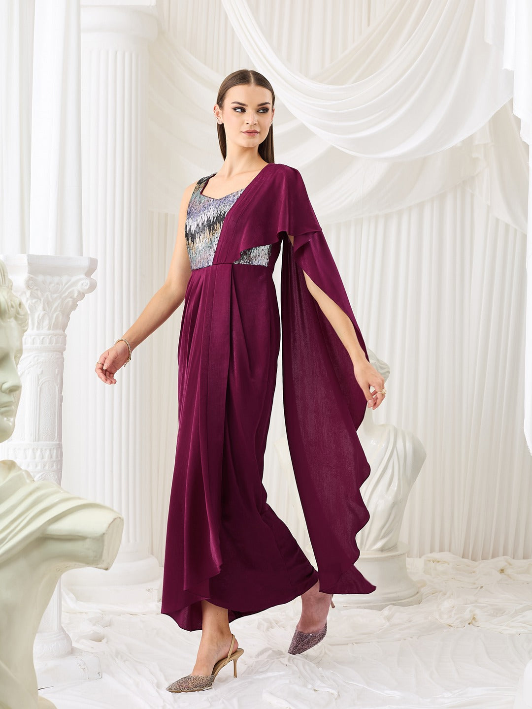 Wine Sweetheart Embellished Gown in Pleated Satin for Women