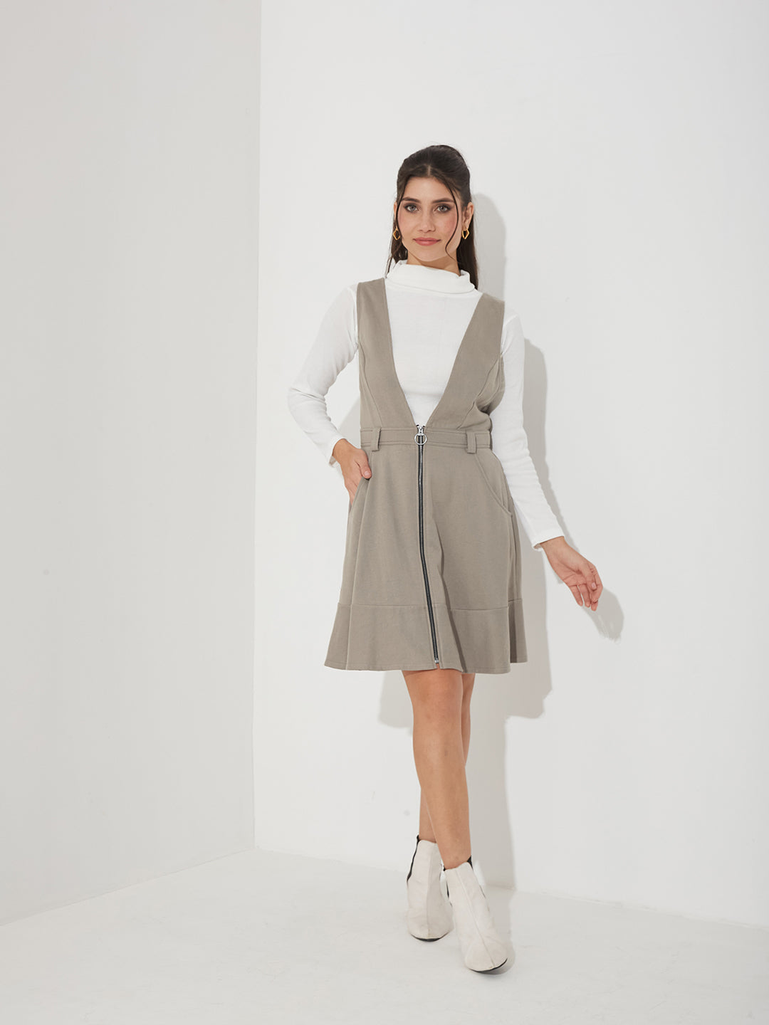 Grey Solid Polyester Pinafore Dress with Zipper Detail and Side Pockets for Women