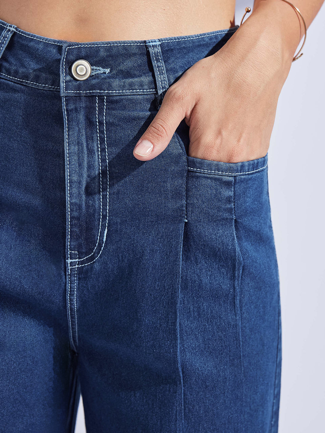 Mid-Rise Dark Blue Korean Pleated Wide-Leg Jeans in Lightweight Stretch Denim for Women