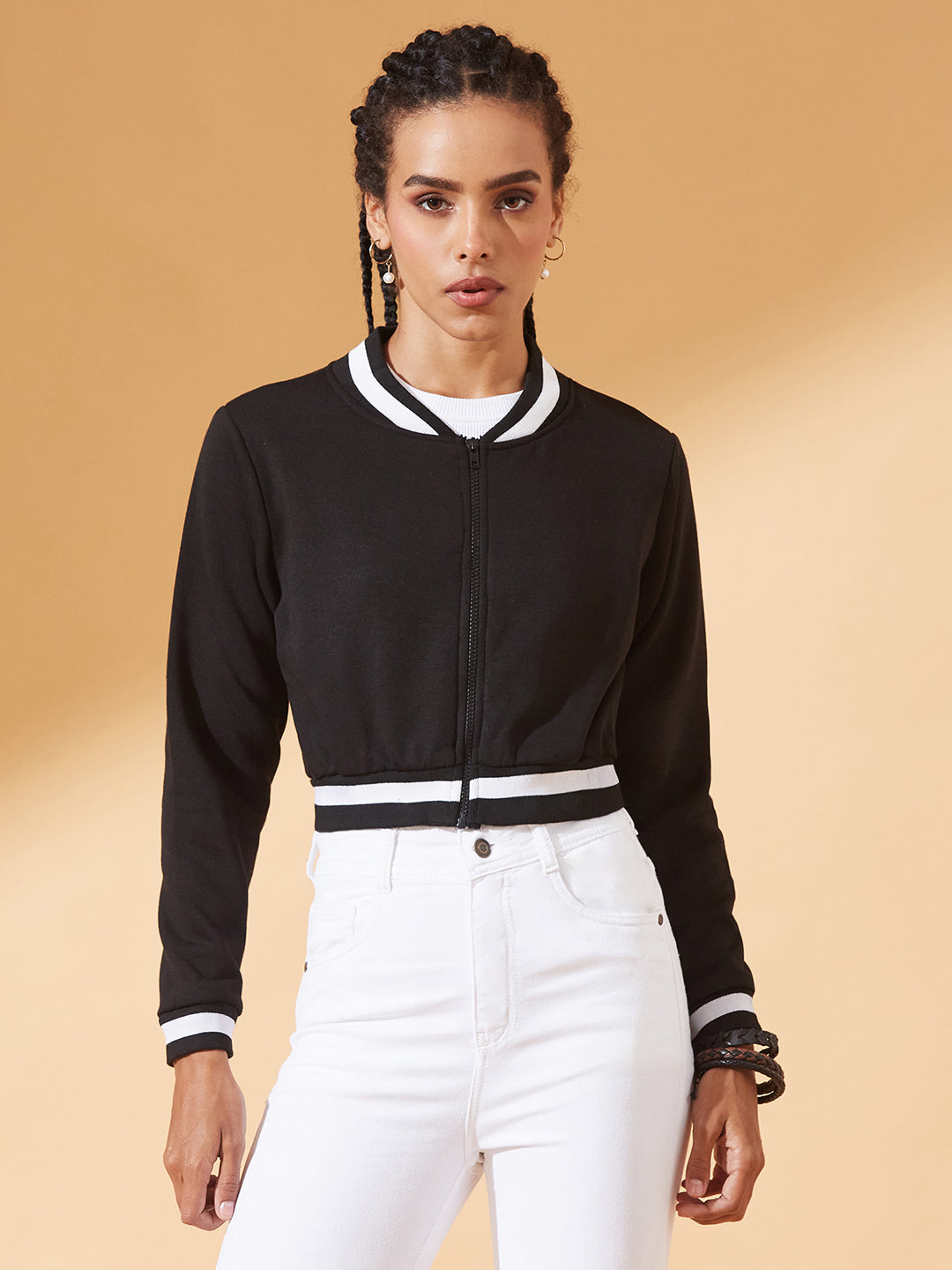 Black V-Neck Full Sleeves Loopknit, Rib Solid Bomber Cropped Jacket for Women