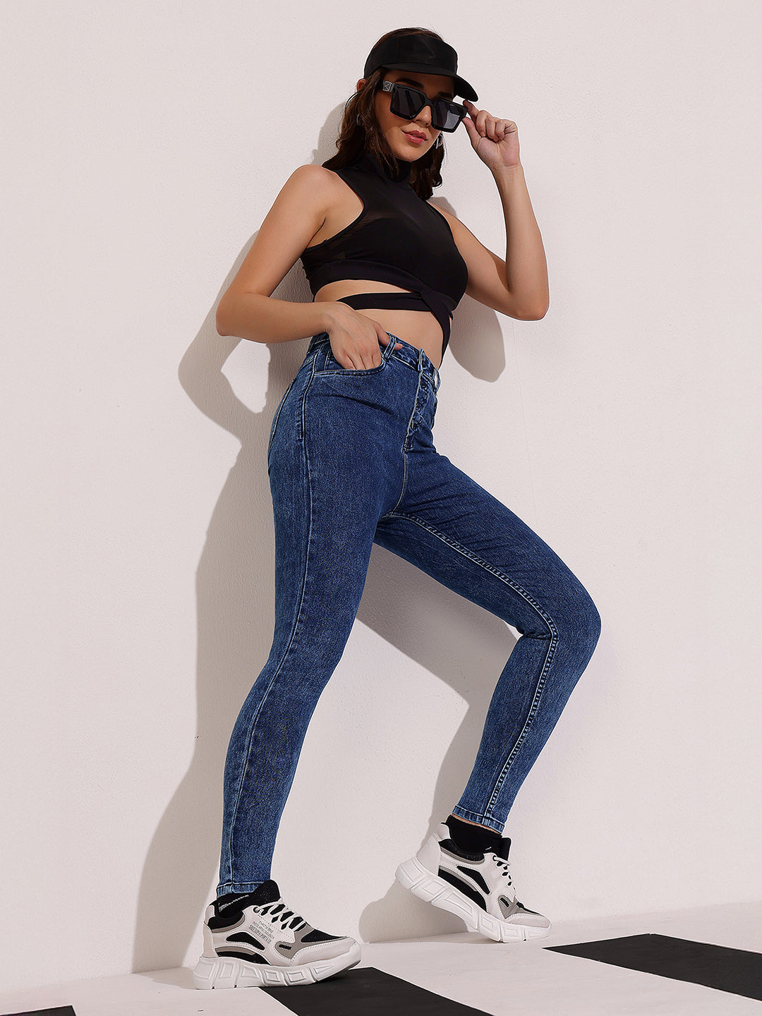 Women's Blue Skinny-Fit High-Rise Clean-Look Regular-Length Stretchable Denim Jeans