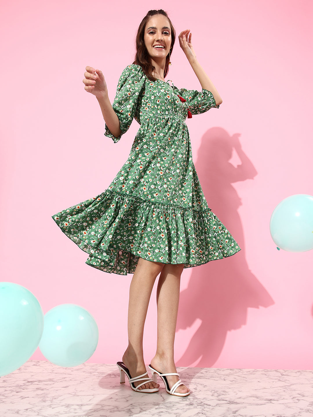 Women's Green Floral Square Neck 3/4 Sleeve Viscose Rayon Ruffled Knee Length Dress