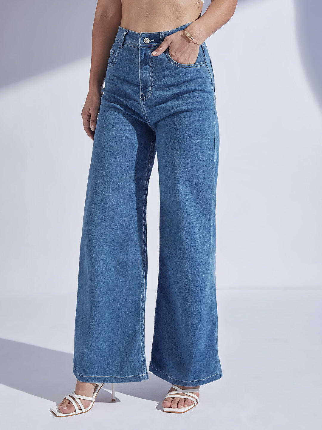 Women's Blue Wide-Leg High-Rise Regular-Length Stretchable Denim Jeans