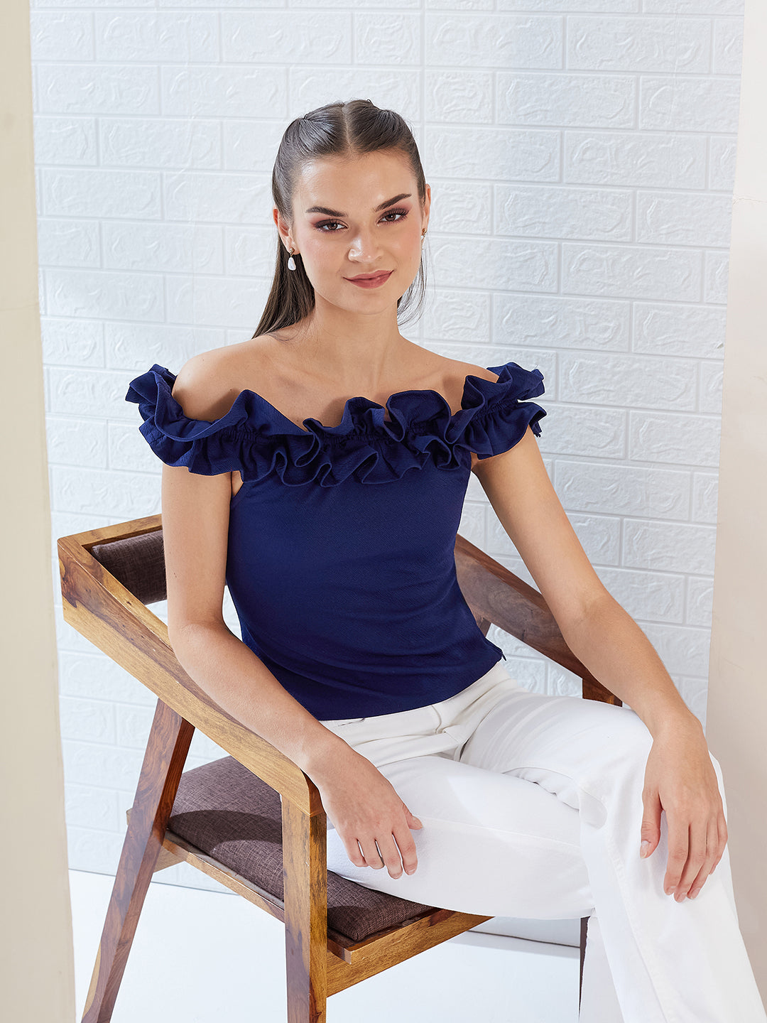 Navy Blue Off Shoulder Sleeveless Solid Ruffled Frilled Gathered Bardot Top for Women