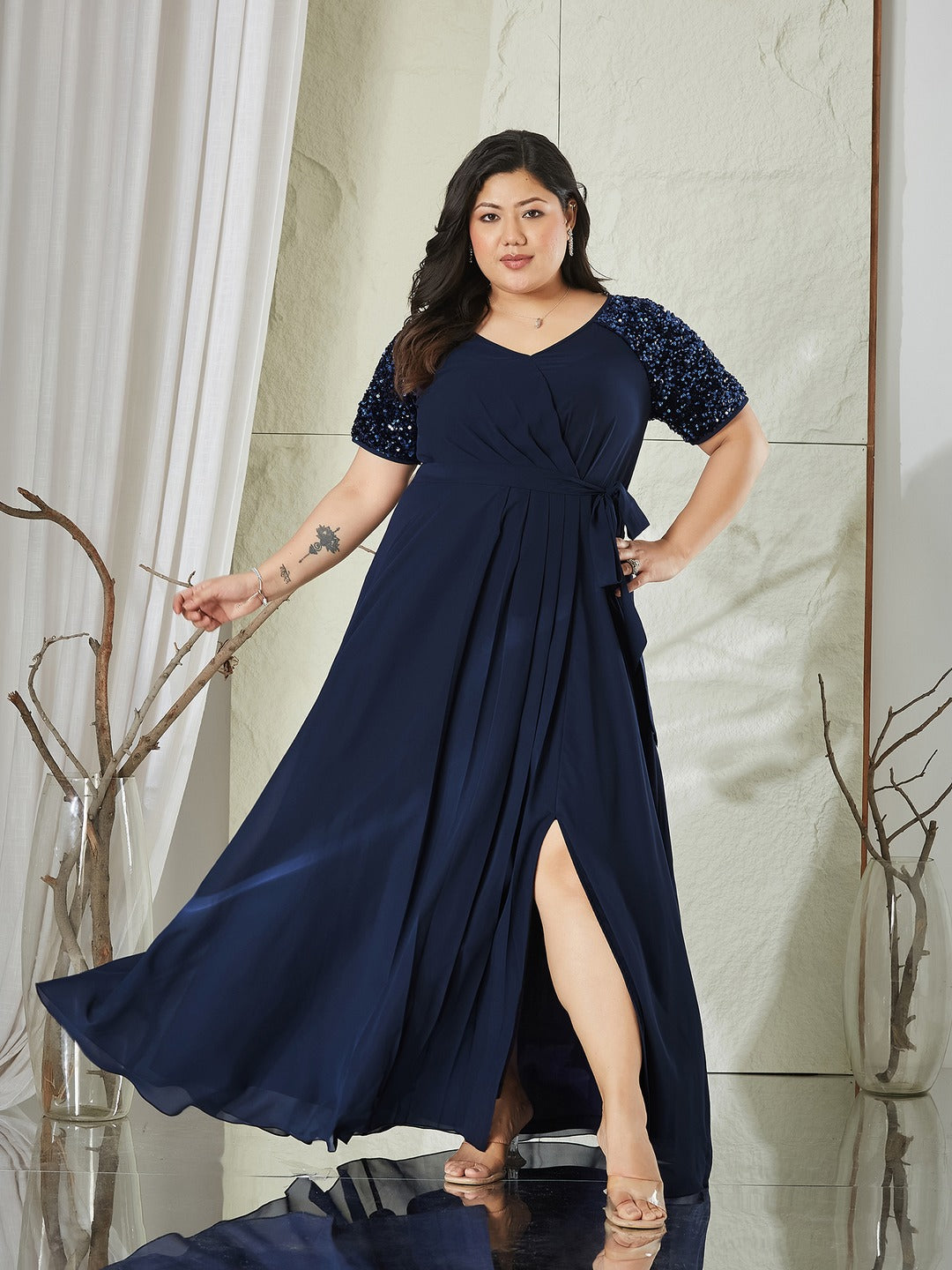 Navy Blue Relaxed Fit Maxi Georgette Dress for Women