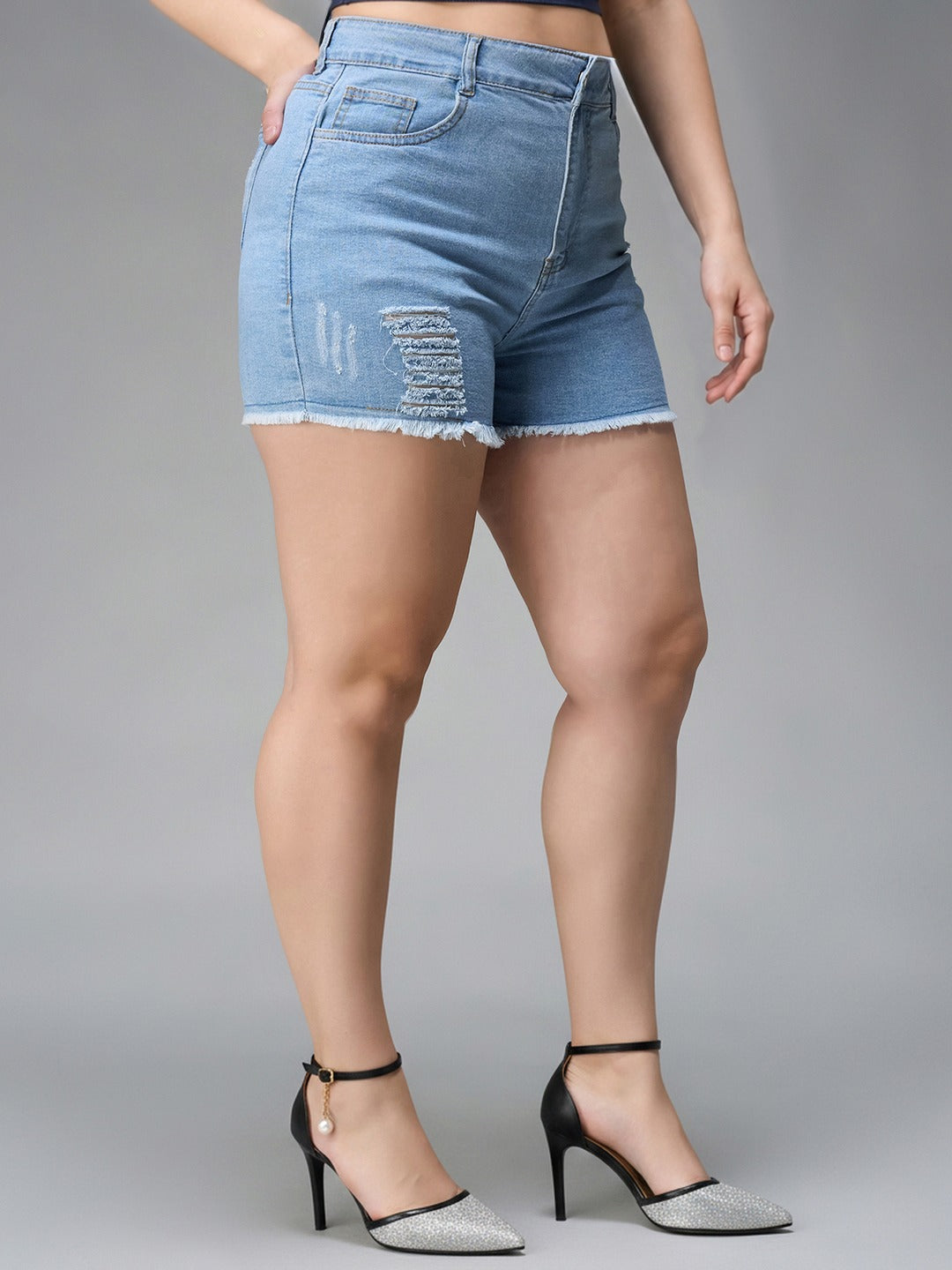 Blue Relaxed Mid Rise High Distress Regular Non Stretchable Denim Shorts for Women