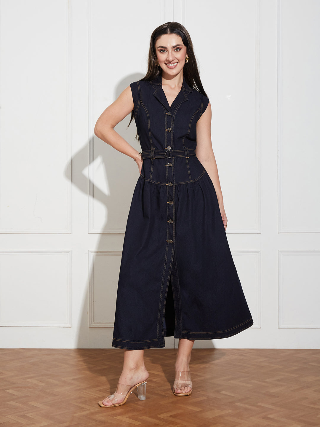 Women's Dark Blue Notched-Collar Sleeveless Solid Drop Waist Maxi-Length Light Weight Denim Shirt Dress