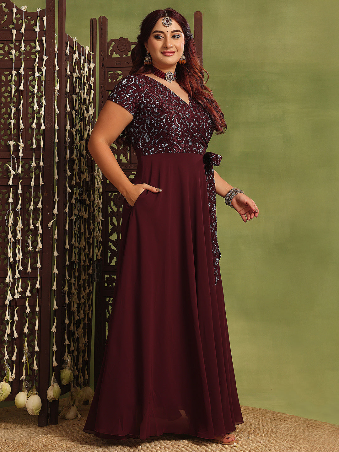 Women's Wine Colored V-Neck Short-Sleeved Self Designed Lace-Overlaid Maxi Georgette Dress
