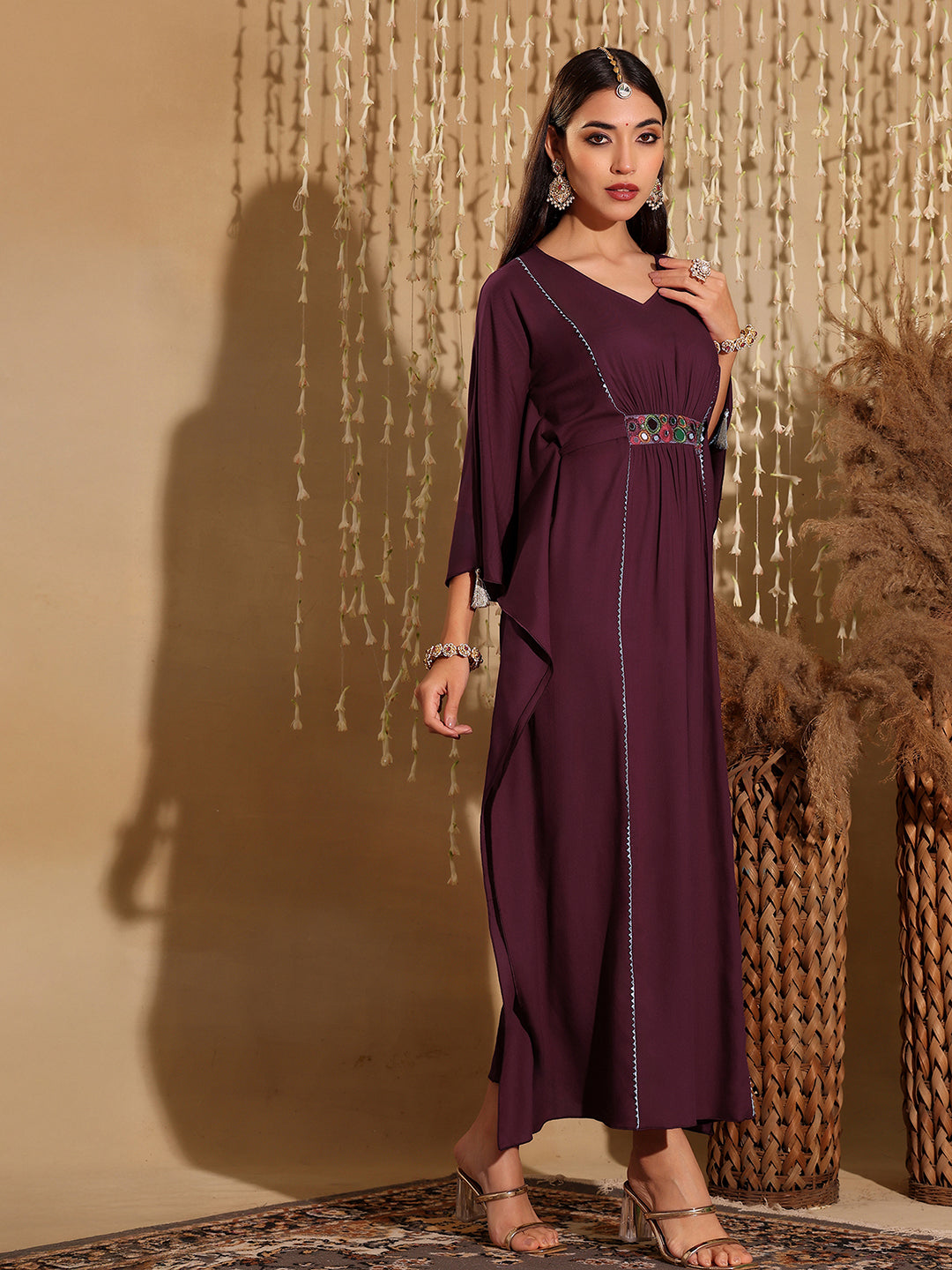 Women's Wine V-Neck 3/4 Sleeve Solid Viscose Rayon Maxi Kaftan Dress