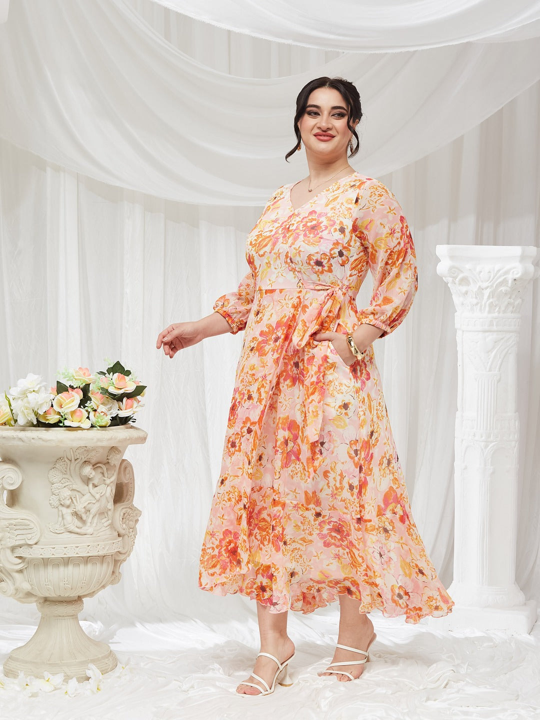 Women's Pink and Orange V-Neck Bishop Floral Layered Chiffon Maxi Dress