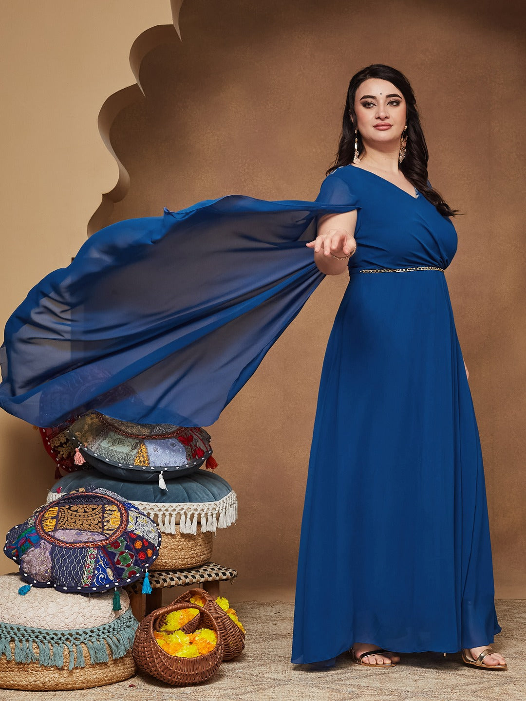 Royal Blue V-Neck Asymmetric Embellished Maxi Georgette Dress for Women