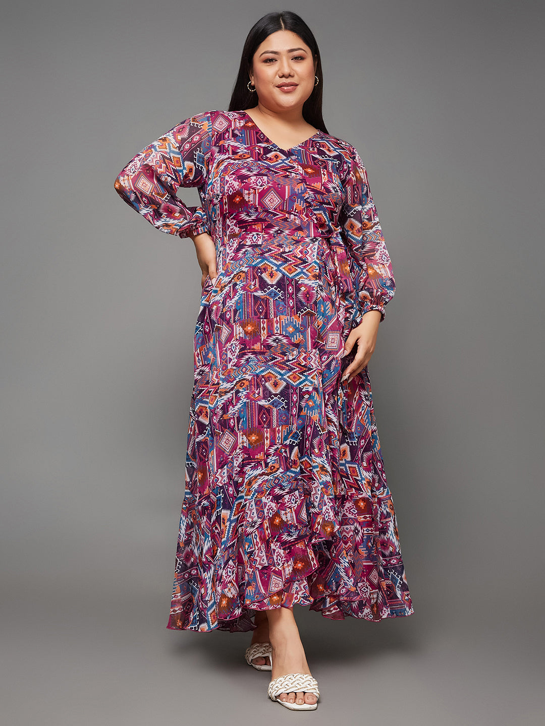 Women's Multicolored V-Neck Three-Quarter Sleeve Geometric Patterned Wrap Midi Chiffon Dress