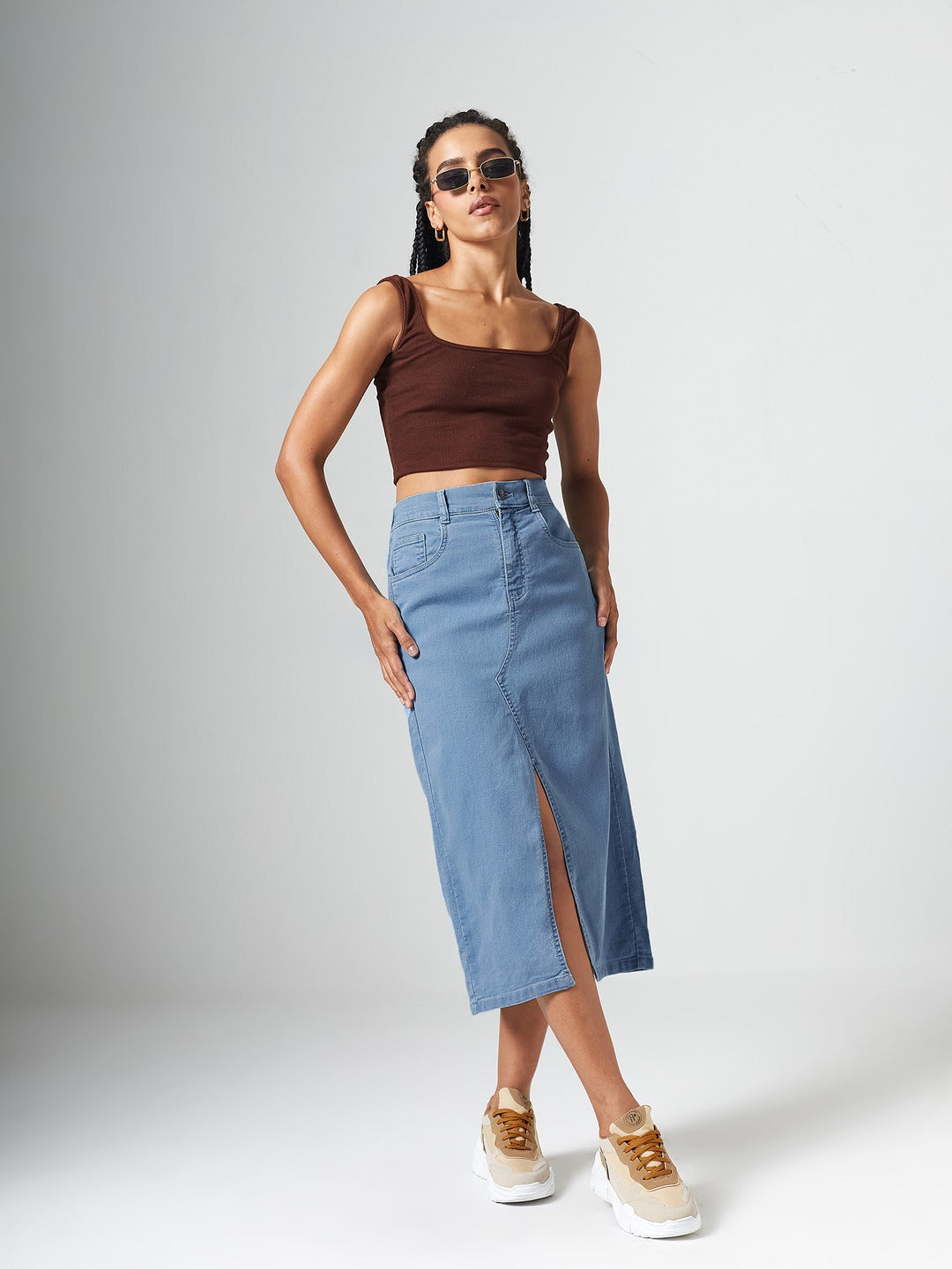 Light Blue Straight Fit High Rise Clean Look Stretchable Denim Midi Skirt for Women