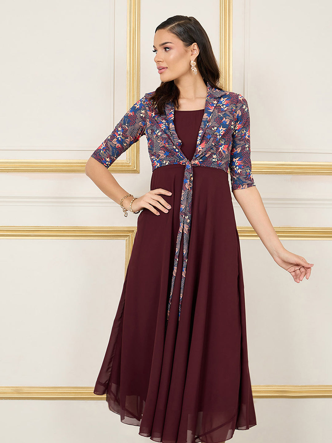 Women's Multicolored-Base-Wine Floral Notched Collar 3/4 Sleeve Georgette Jacket Style Maxi Dress