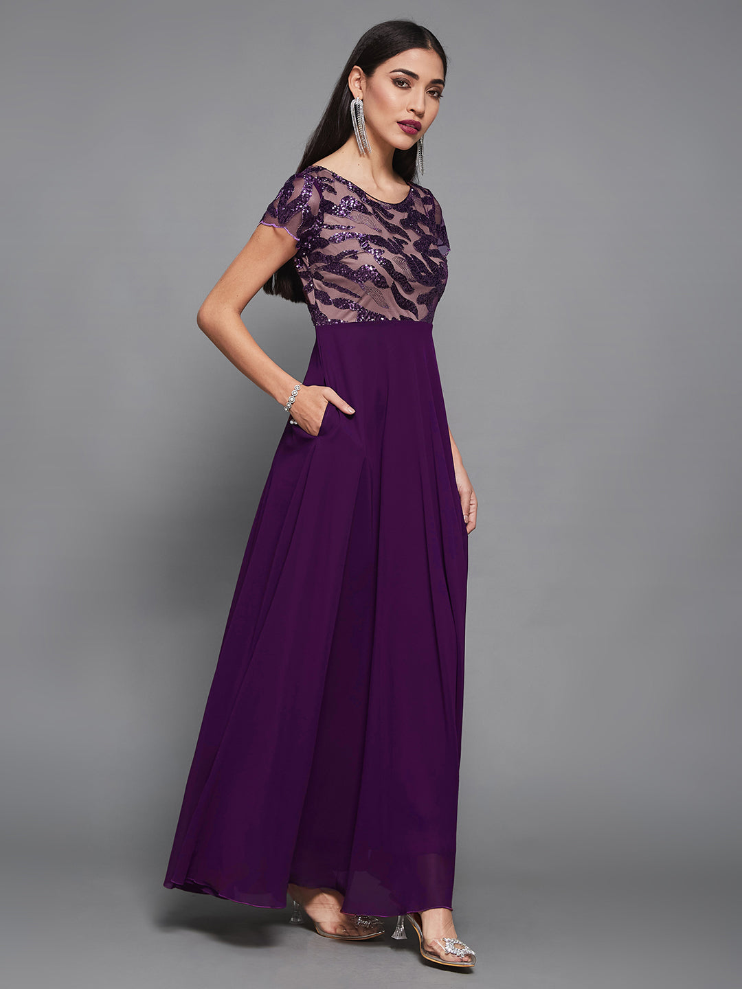 Dark Purple Round Neck Short Sleeve Embellished Embellished Maxi  Dress for Women