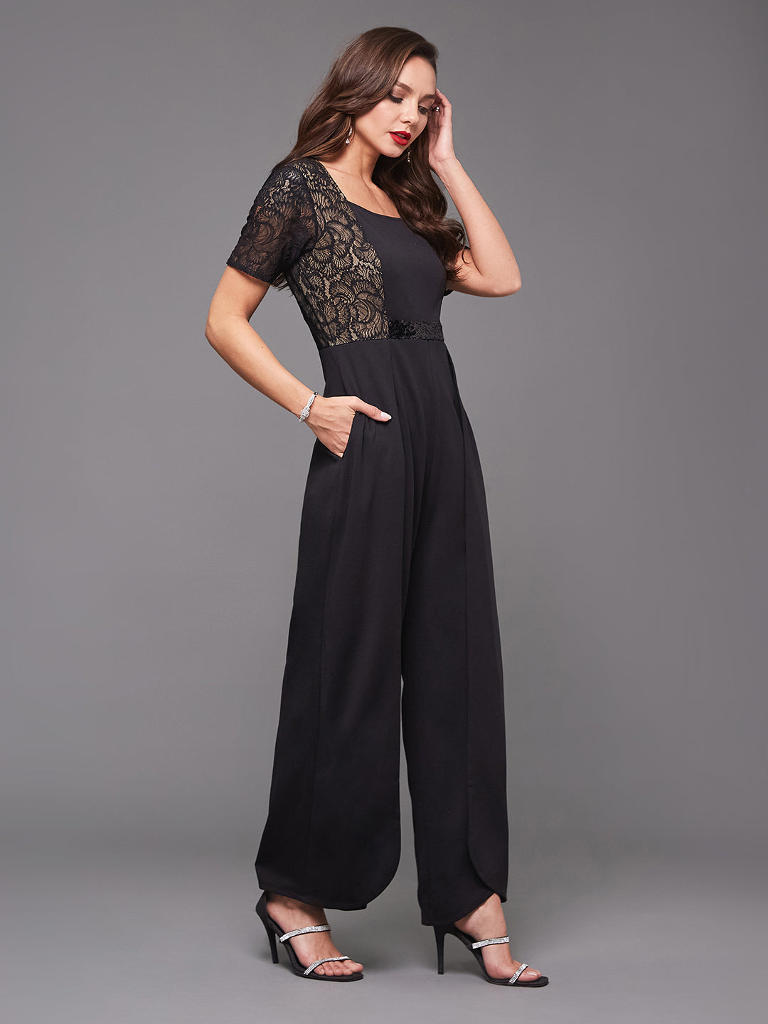 Women's Black Square-Neck Half-Sleeve Self-Designed Panelled Regular-Length Polyester Jumpsuit