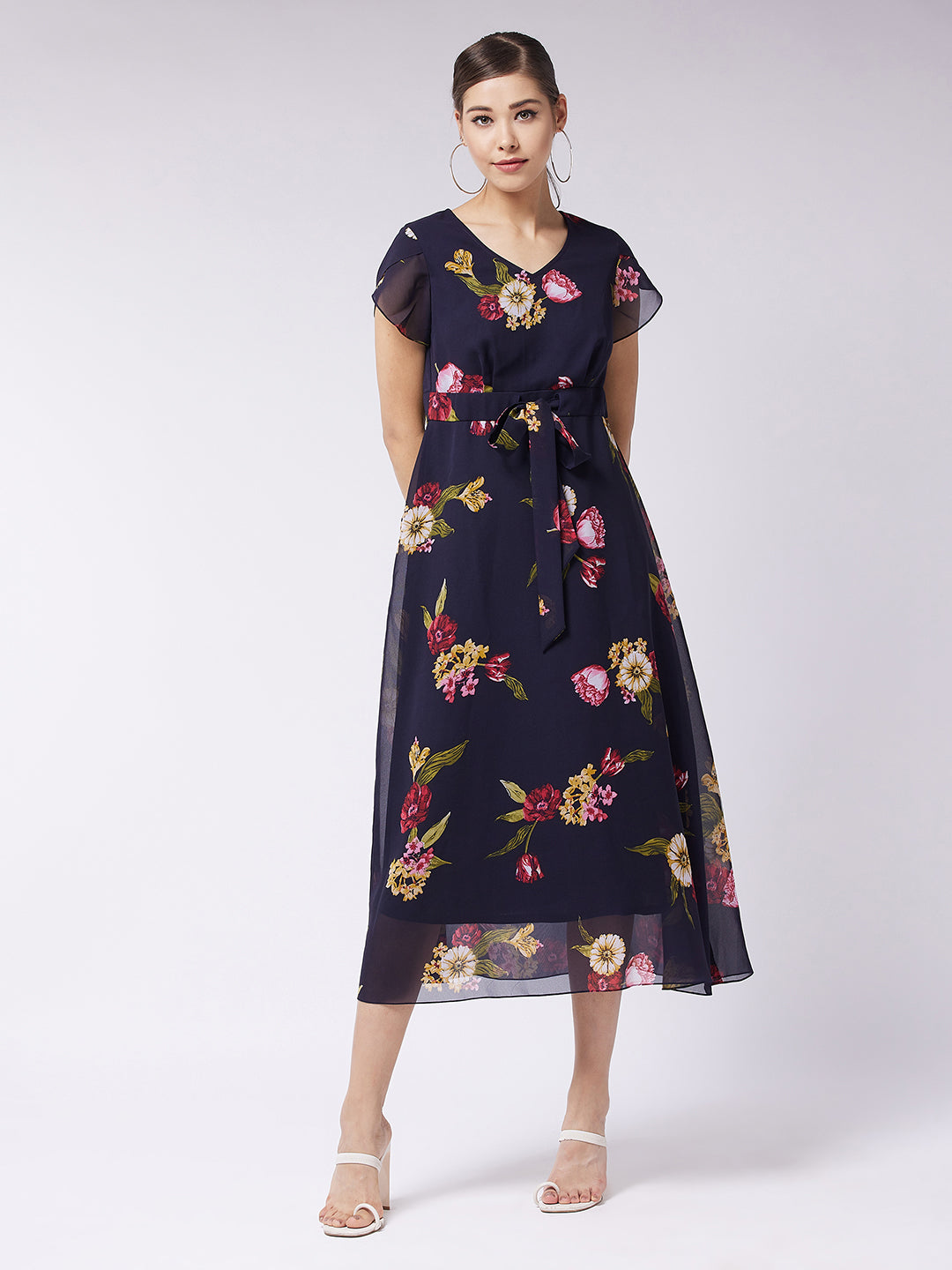 Women's Multicolored-Base-Navy Blue V-Neck Short Sleeve Floral Pleated Midi Dress