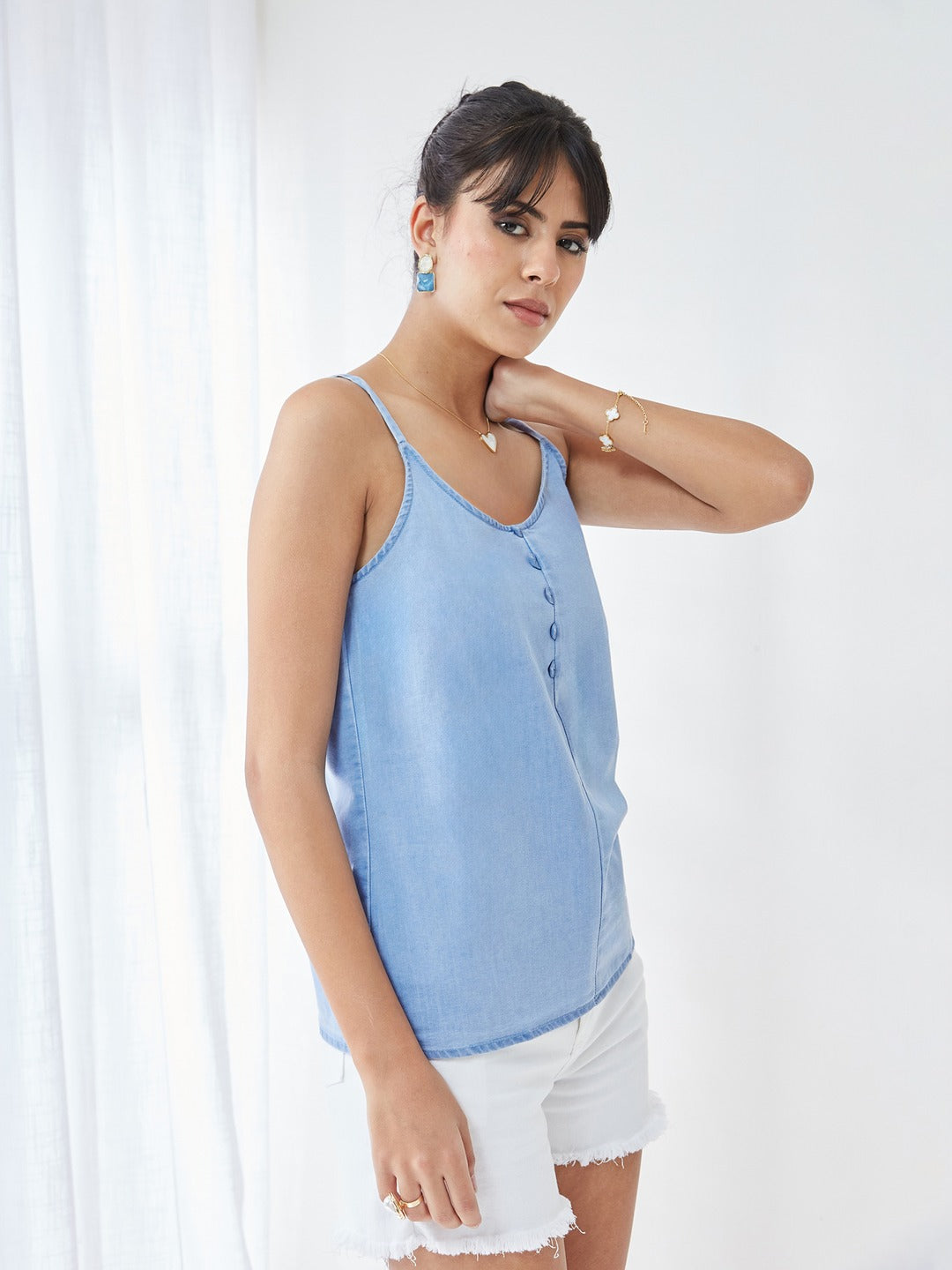 Light Blue V Neck Sleeveless Cotton Solid Denim Spaghetti Top for Women