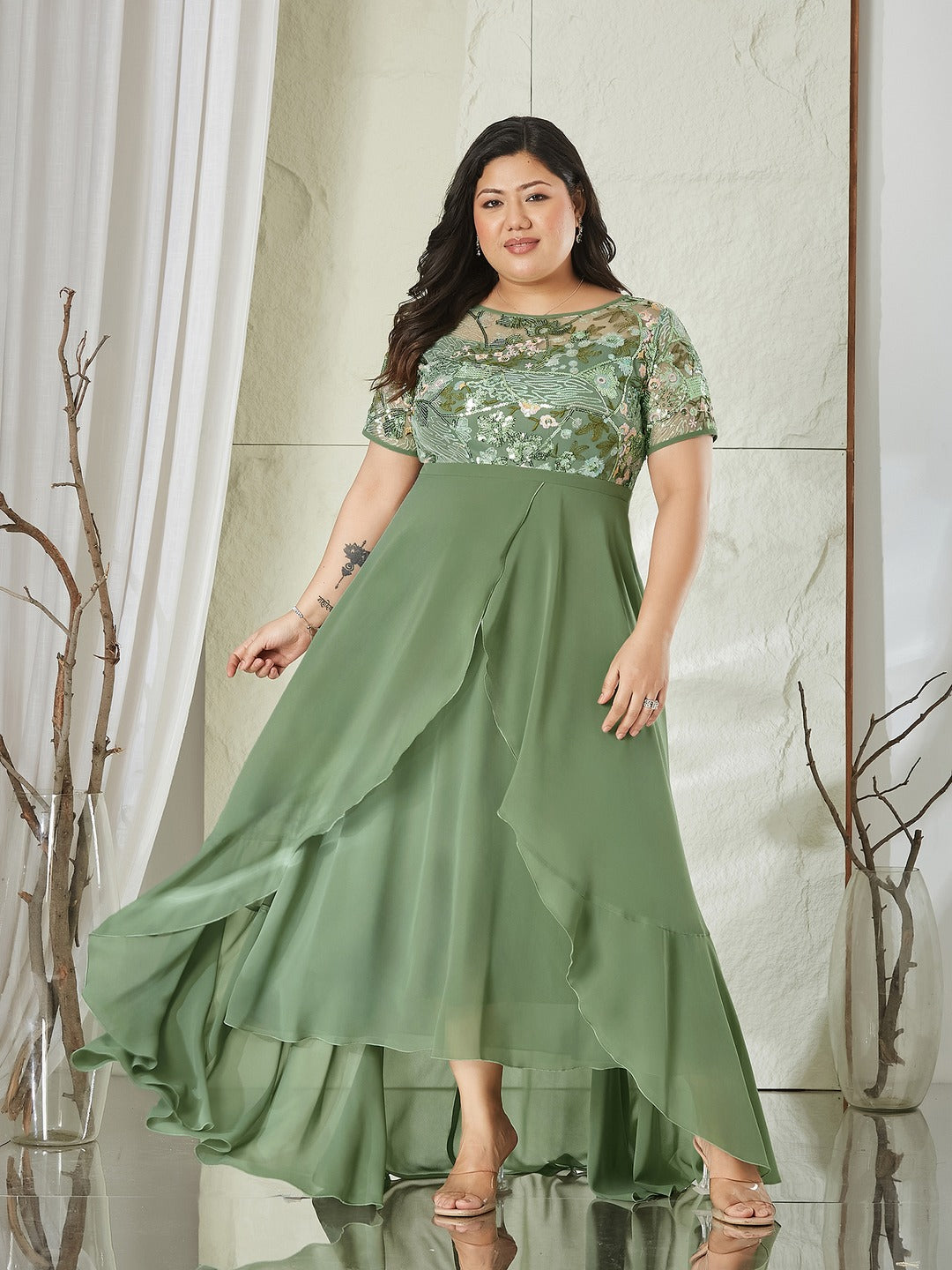 Light Green Embellished Layered Georgette Midi Dress for Women
