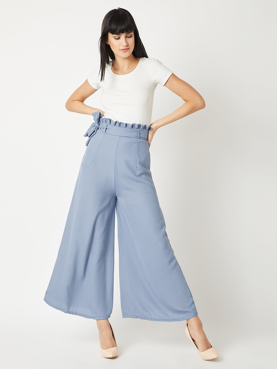 Women's Blue Solid Regular Length Pleated Wide Leg Paper bag Flare Trouser