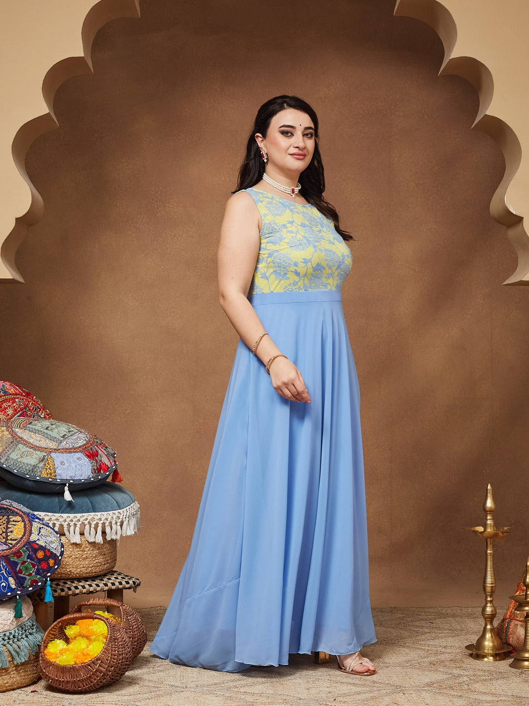Sky Blue Round Neck Sleeveless Georgette & Lace Floral Fit & Flare Maxi Dress for Women