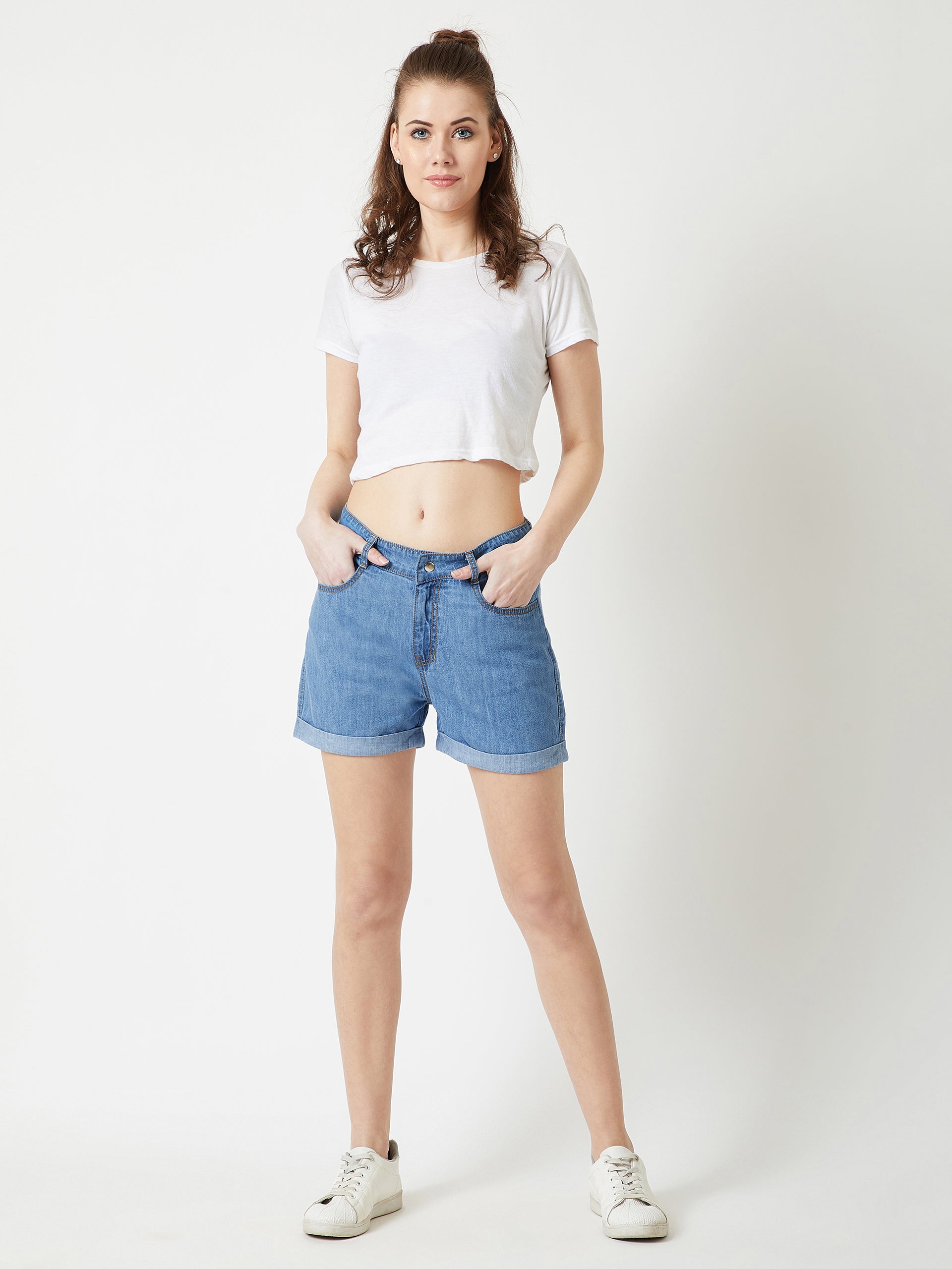 Women's Blue Relaxed Fit Light Weight Mid Rise Denim Shorts