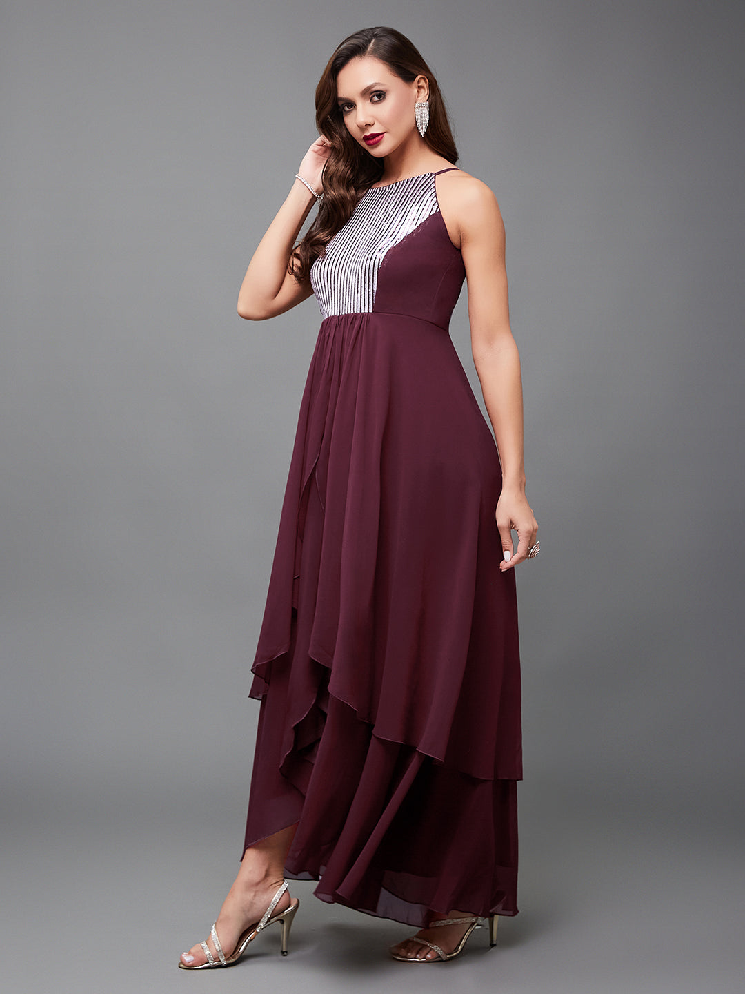 Women's Multicolored-Base-Wine Halter Neck Sleeveless Embellished Layered Georgette Maxi Dress