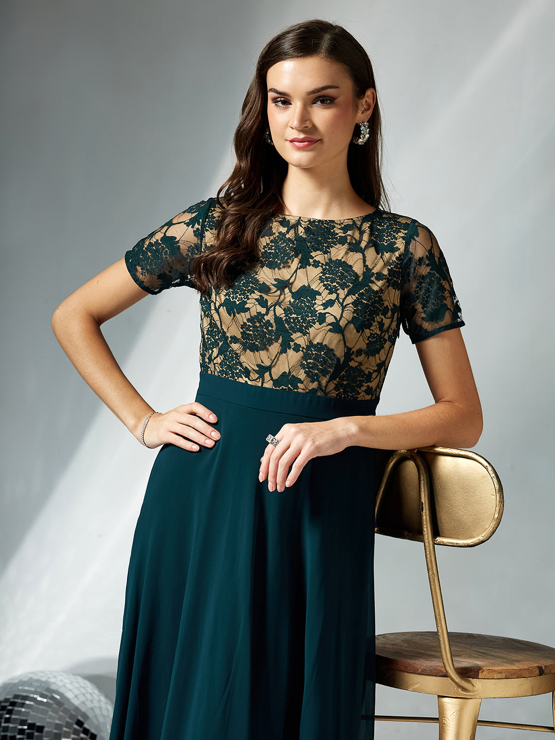 Teal Round Neck Half Sleeve Self Design Fit & Flare Georgette Maxi Dress for Women