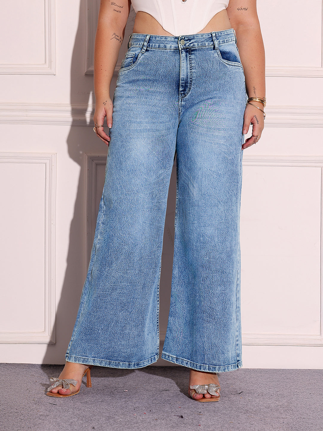 Women's Light Blue Wide-Leg High-Rise Stretchable Denim Jeans